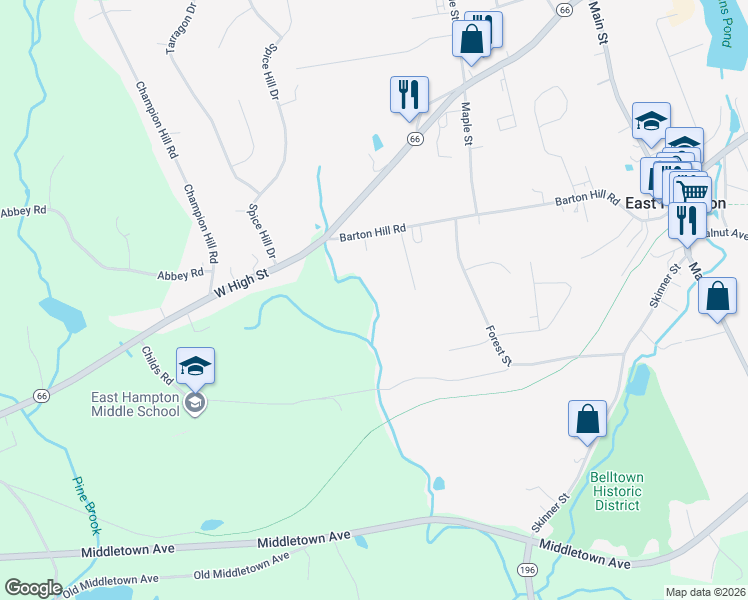 map of restaurants, bars, coffee shops, grocery stores, and more near 45 Forest Glen Drive in East Hampton