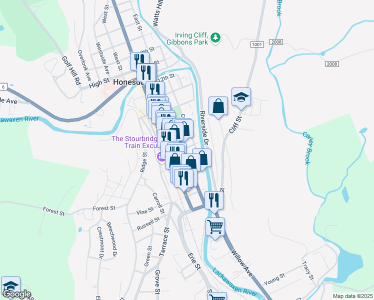 map of restaurants, bars, coffee shops, grocery stores, and more near 204 8th Street in Honesdale