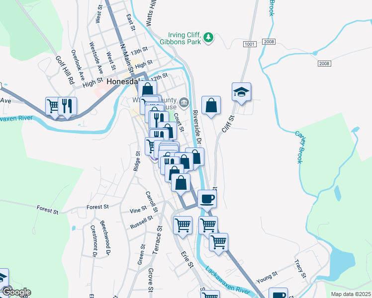 map of restaurants, bars, coffee shops, grocery stores, and more near 220 8th Street in Honesdale