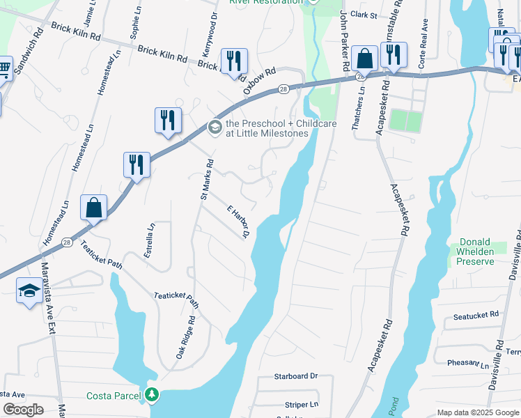 map of restaurants, bars, coffee shops, grocery stores, and more near 259 Seaward Bend in Falmouth