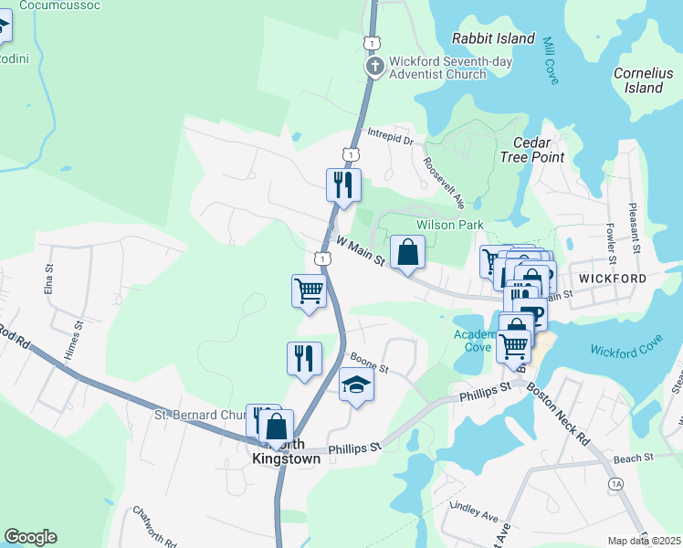 map of restaurants, bars, coffee shops, grocery stores, and more near 80 Tower Hill Road in North Kingstown