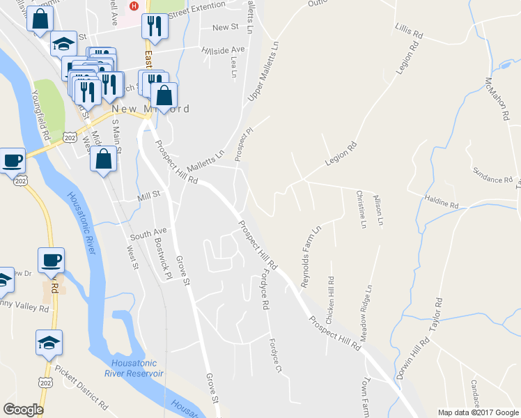 map of restaurants, bars, coffee shops, grocery stores, and more near 12 Legion Road in New Milford