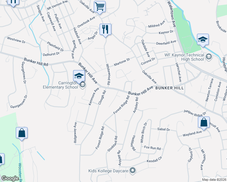 map of restaurants, bars, coffee shops, grocery stores, and more near 735 Bunker Hill Avenue in Waterbury