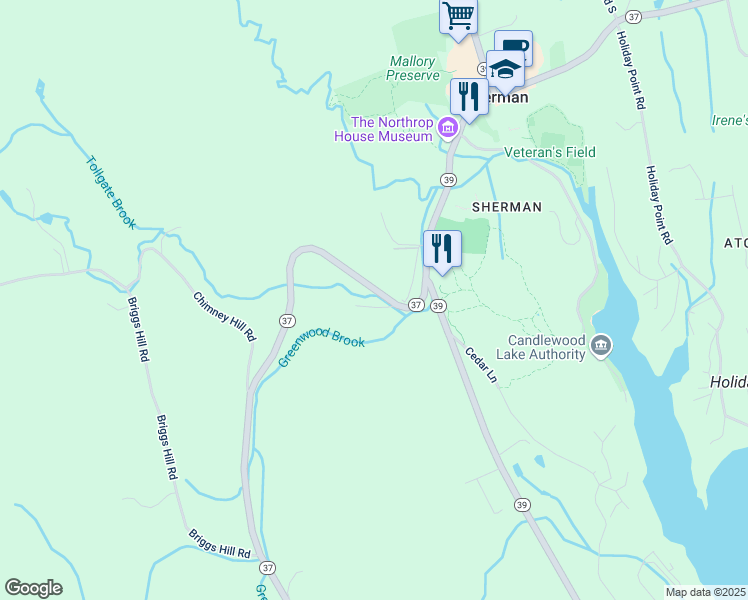 map of restaurants, bars, coffee shops, grocery stores, and more near 31 Route 37 in Sherman