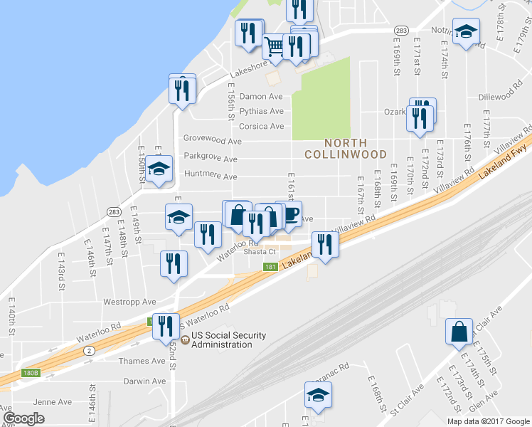 map of restaurants, bars, coffee shops, grocery stores, and more near 15815 Trafalgar Avenue in Cleveland