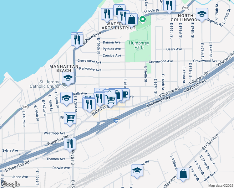 map of restaurants, bars, coffee shops, grocery stores, and more near 15815 Trafalgar Avenue in Cleveland