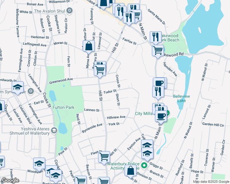 map of restaurants, bars, coffee shops, grocery stores, and more near 327 Tudor Street in Waterbury