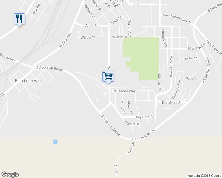 map of restaurants, bars, coffee shops, grocery stores, and more near 1201 Palisades Way in Rock Springs