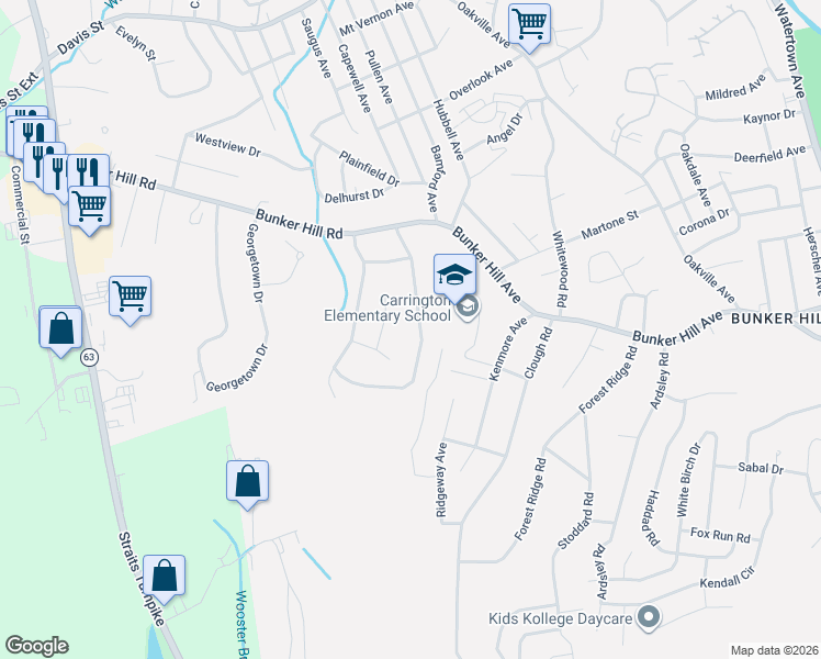 map of restaurants, bars, coffee shops, grocery stores, and more near 110 Heritage Drive in Waterbury