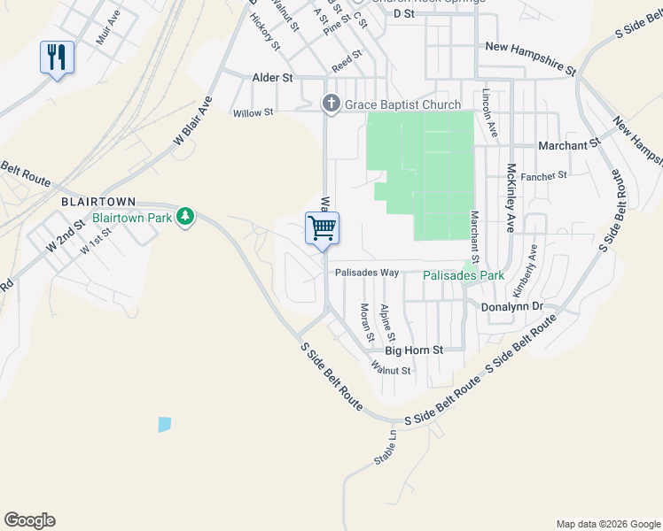 map of restaurants, bars, coffee shops, grocery stores, and more near 1201 Palasades Way in Rock Springs