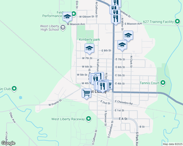 map of restaurants, bars, coffee shops, grocery stores, and more near 115 West 5th Street in West Liberty