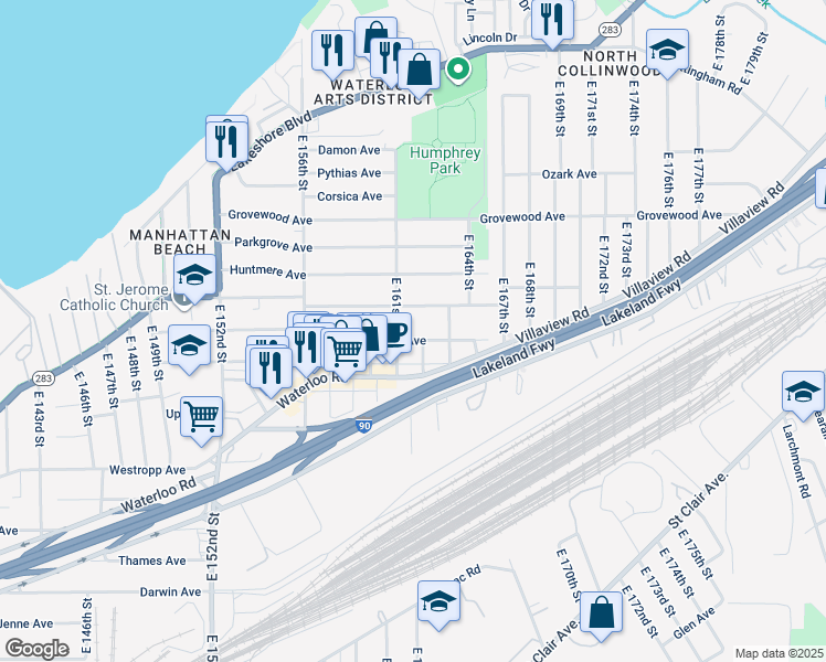 map of restaurants, bars, coffee shops, grocery stores, and more near 16207 Trafalgar Avenue in Cleveland