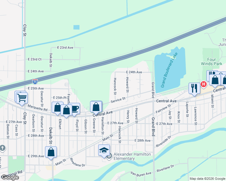 map of restaurants, bars, coffee shops, grocery stores, and more near 2495 Hancock Street in Gary