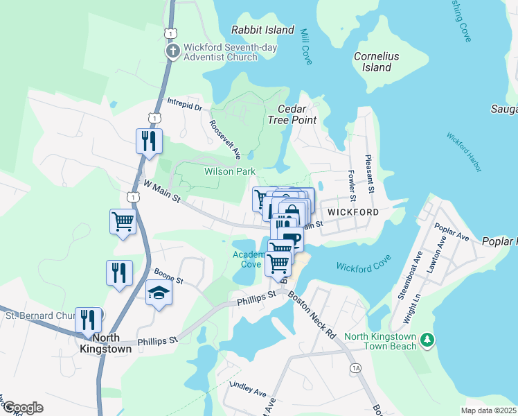 map of restaurants, bars, coffee shops, grocery stores, and more near 26 Newtown Avenue in North Kingstown