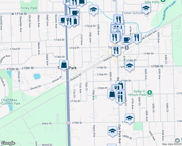 map of restaurants, bars, coffee shops, grocery stores, and more near 17518 70th Avenue in Tinley Park