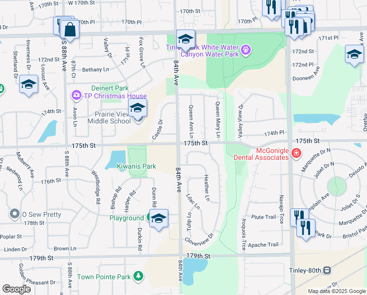 map of restaurants, bars, coffee shops, grocery stores, and more near 8330 Aster Lane in Tinley Park