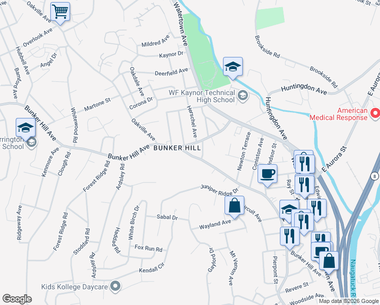 map of restaurants, bars, coffee shops, grocery stores, and more near 468 Bunker Hill Avenue in Waterbury