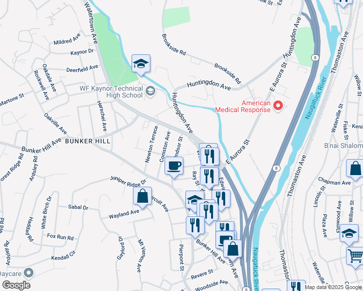 map of restaurants, bars, coffee shops, grocery stores, and more near 25 Windsor Street in Waterbury
