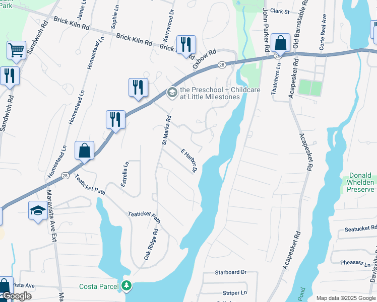 map of restaurants, bars, coffee shops, grocery stores, and more near 30 East Harbor Drive in Falmouth