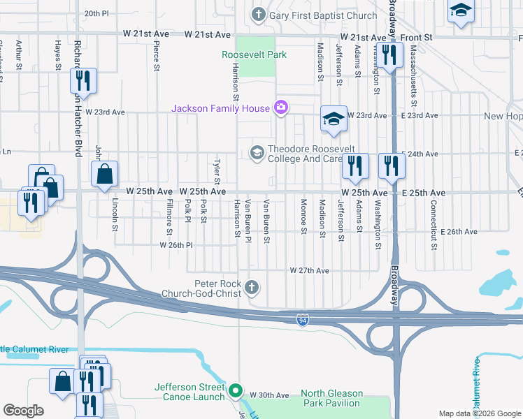 map of restaurants, bars, coffee shops, grocery stores, and more near 2540 Van Buren Street in Gary
