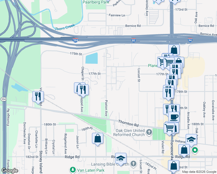 map of restaurants, bars, coffee shops, grocery stores, and more near 17737 Paxton Avenue in Lansing