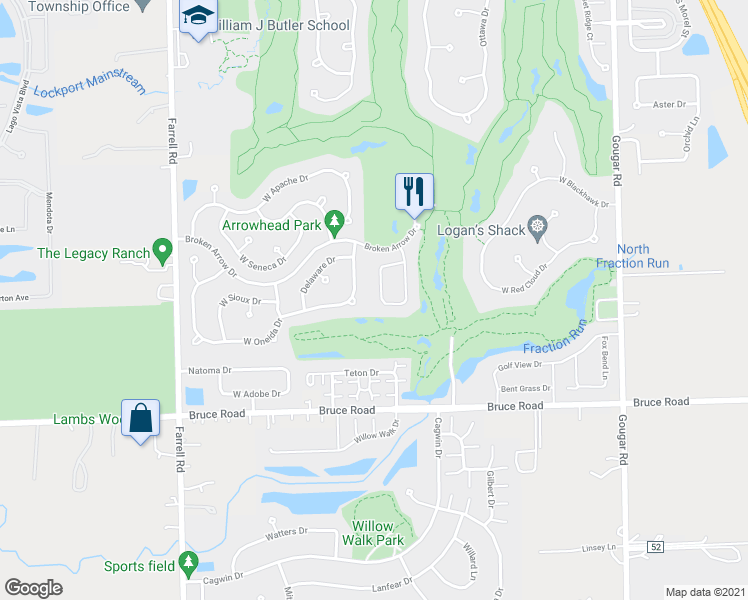 map of restaurants, bars, coffee shops, grocery stores, and more near 17266 Long Bow Drive in Lockport