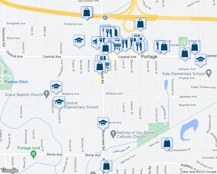 map of restaurants, bars, coffee shops, grocery stores, and more near 6017 Lexington Avenue in Portage