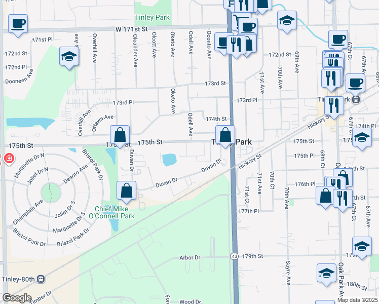 map of restaurants, bars, coffee shops, grocery stores, and more near 7330 Sandalwood Drive in Tinley Park