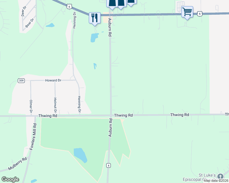 map of restaurants, bars, coffee shops, grocery stores, and more near 11011 Auburn Road in Chardon
