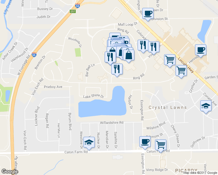 map of restaurants, bars, coffee shops, grocery stores, and more near 2730 Lake Shore Dr in Joliet