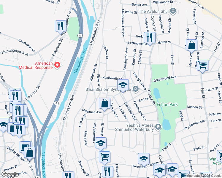 map of restaurants, bars, coffee shops, grocery stores, and more near 253 Columbia Boulevard in Waterbury