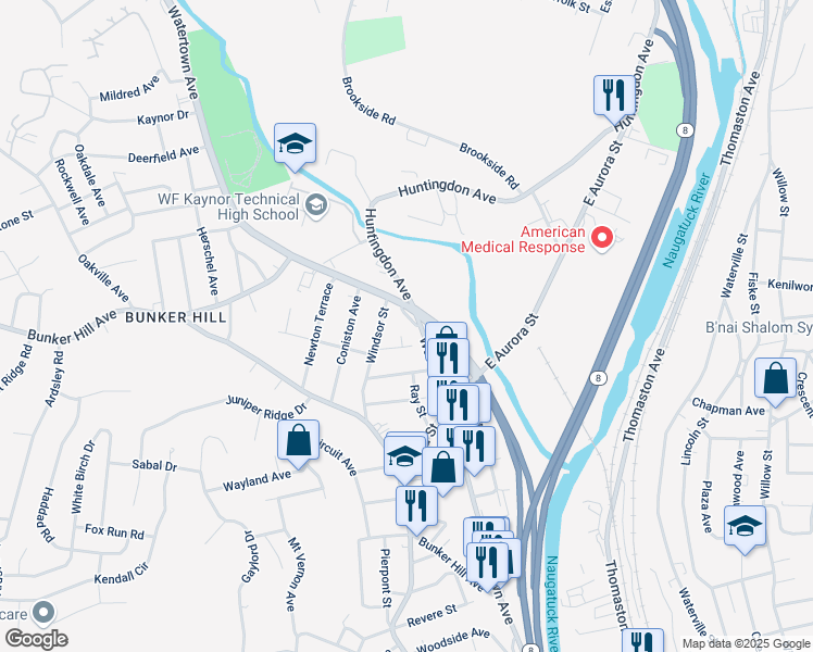 map of restaurants, bars, coffee shops, grocery stores, and more near 25 Windsor Street in Waterbury