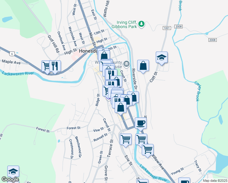 map of restaurants, bars, coffee shops, grocery stores, and more near 204 8th Street in Honesdale