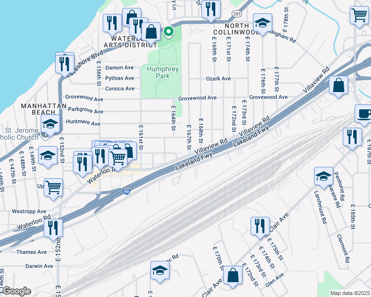map of restaurants, bars, coffee shops, grocery stores, and more near 1285 East 167th Street in Cleveland