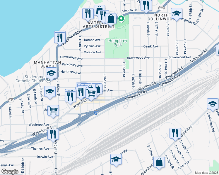 map of restaurants, bars, coffee shops, grocery stores, and more near 16207 Trafalgar Avenue in Cleveland