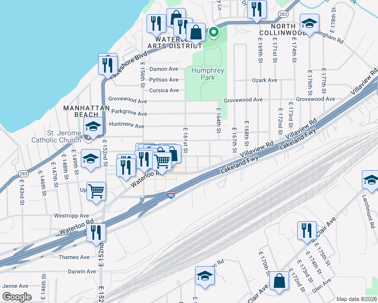 map of restaurants, bars, coffee shops, grocery stores, and more near 366 East 161st Street in Cleveland