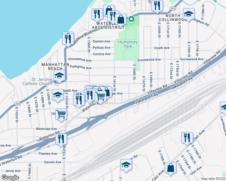 map of restaurants, bars, coffee shops, grocery stores, and more near 366 East 161st Street in Cleveland