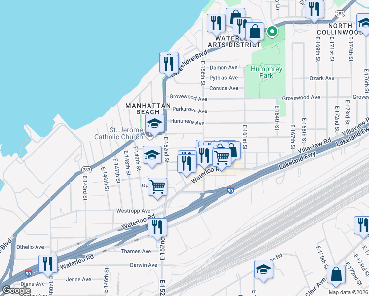 map of restaurants, bars, coffee shops, grocery stores, and more near 15417 Ridpath Avenue in Cleveland