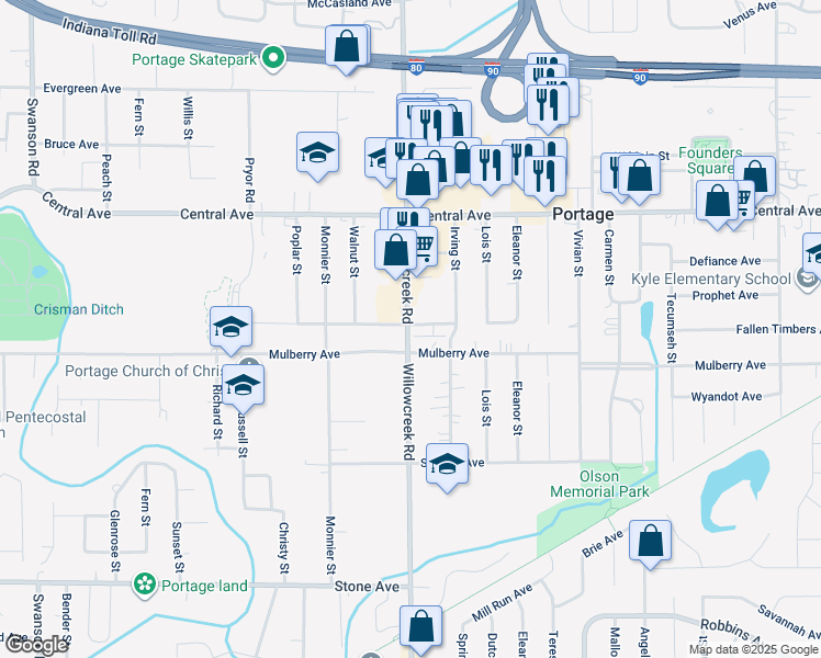 map of restaurants, bars, coffee shops, grocery stores, and more near in Portage