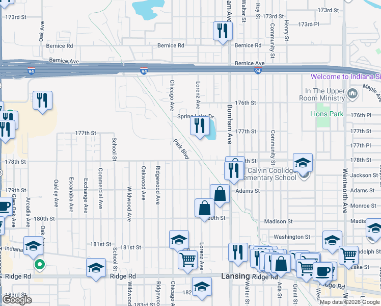 map of restaurants, bars, coffee shops, grocery stores, and more near 17735 Park Boulevard in Lansing