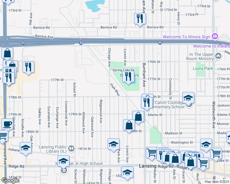 map of restaurants, bars, coffee shops, grocery stores, and more near 17735 Park Boulevard in Lansing