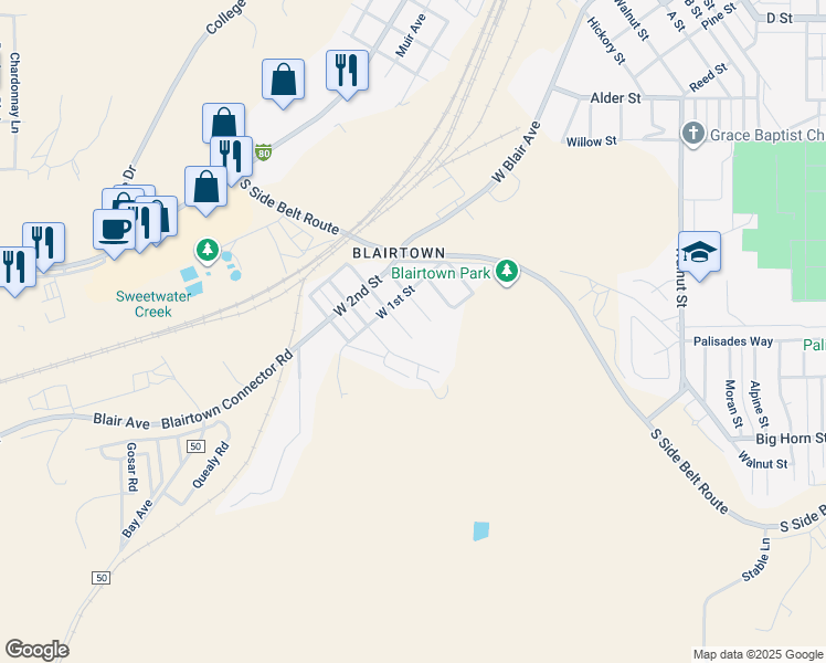 map of restaurants, bars, coffee shops, grocery stores, and more near 737 4th Avenue West in Rock Springs