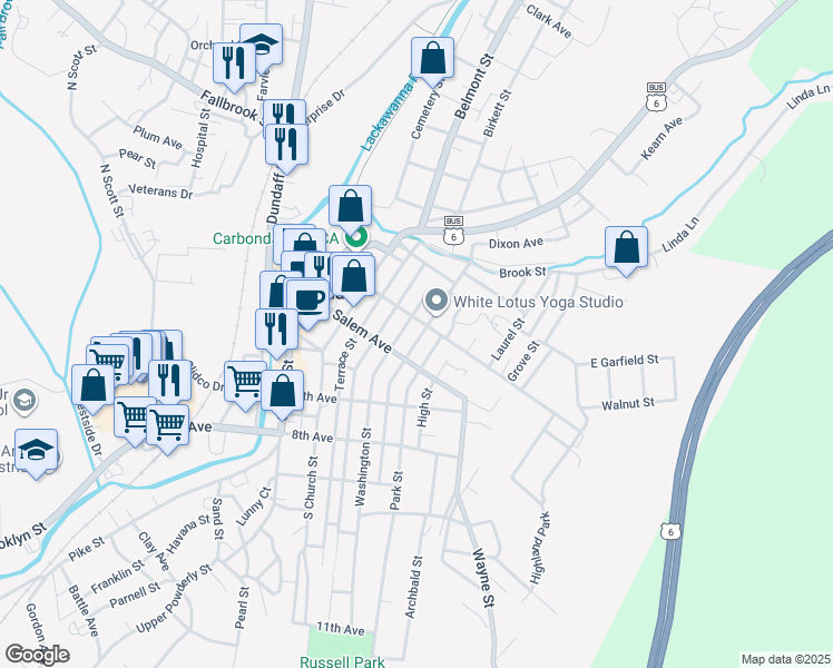 map of restaurants, bars, coffee shops, grocery stores, and more near 71 Spring Street in Carbondale