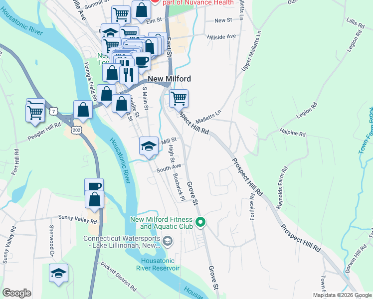 map of restaurants, bars, coffee shops, grocery stores, and more near 61 Grove Street in New Milford