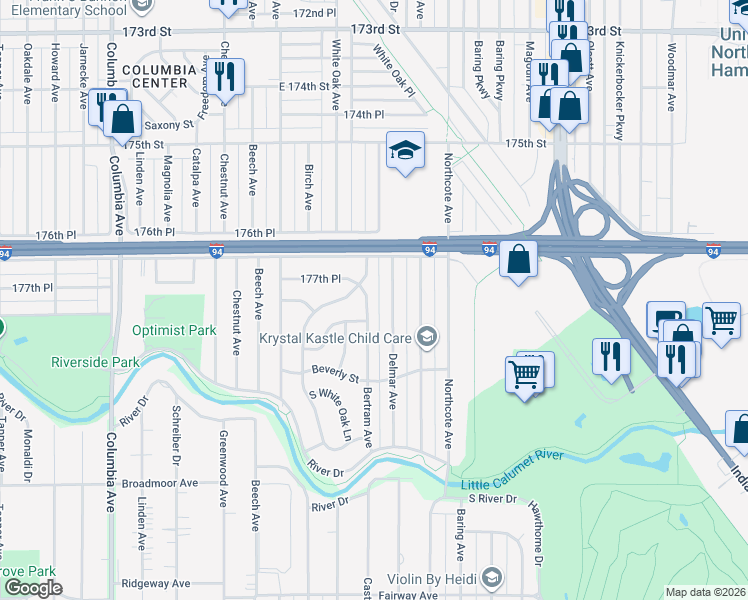 map of restaurants, bars, coffee shops, grocery stores, and more near 7739 Bertram Ave in Hammond