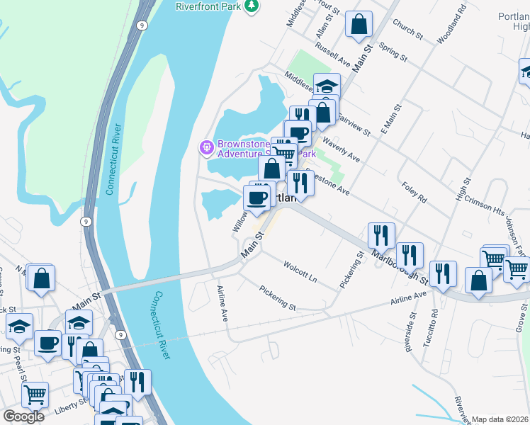 map of restaurants, bars, coffee shops, grocery stores, and more near 182 Main Street in Portland