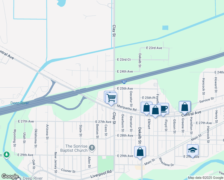 map of restaurants, bars, coffee shops, grocery stores, and more near 2510 Clay Street in Gary
