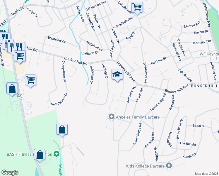 map of restaurants, bars, coffee shops, grocery stores, and more near 109 Heritage Drive in Waterbury