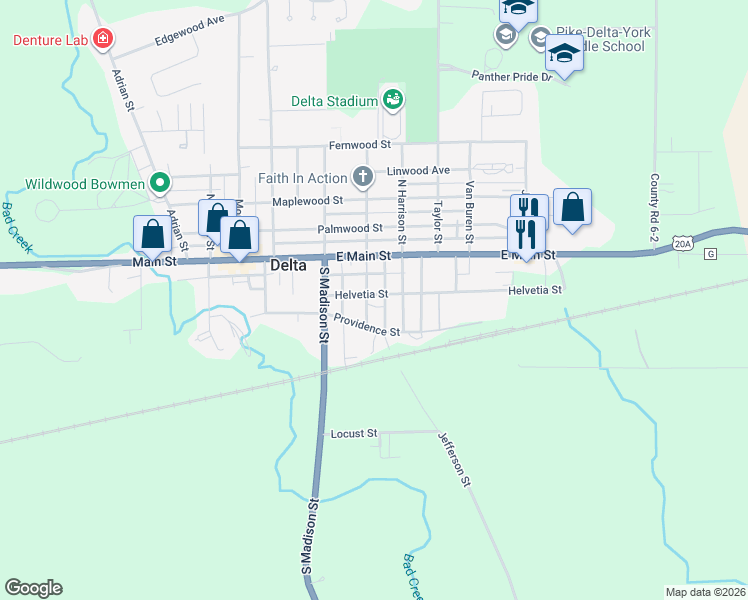 map of restaurants, bars, coffee shops, grocery stores, and more near 200 Jefferson Street in Delta