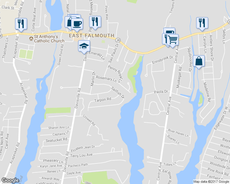 map of restaurants, bars, coffee shops, grocery stores, and more near 47 Sailfish Drive in Falmouth